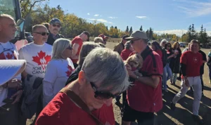 Supporters gathered during a Forever Canadian signature delivery event with Thomas Lukaszuk.