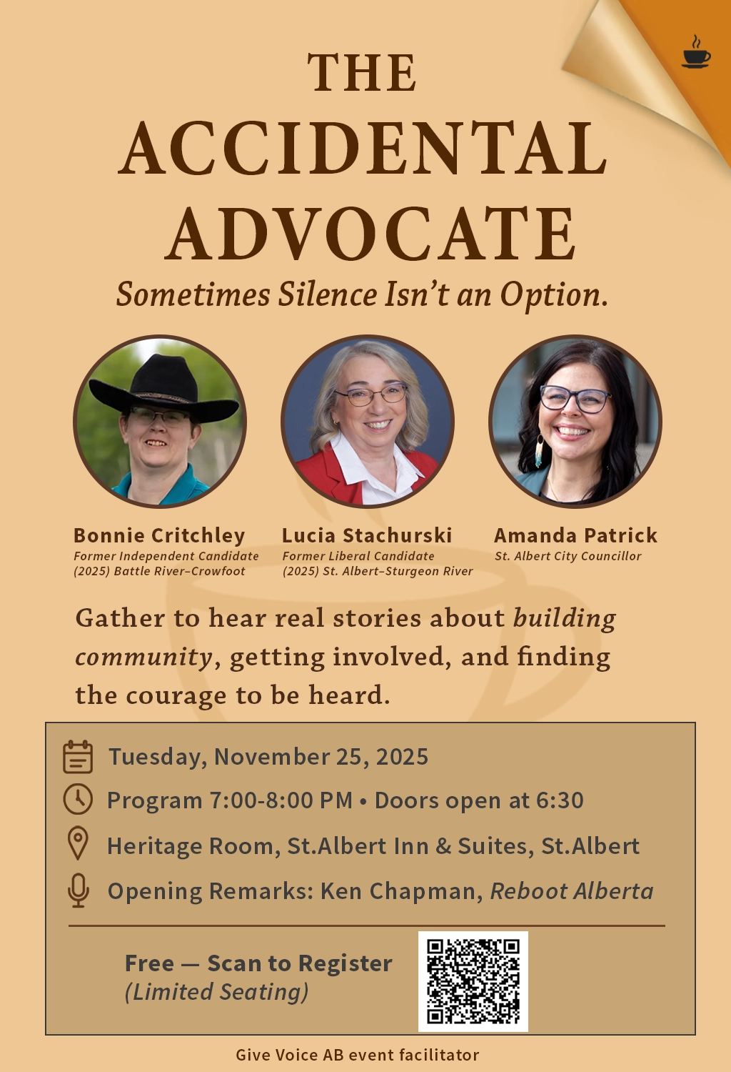 Poster for the “Accidental Advocate” community event in St. Albert on November 25, 2025 featuring Bonnie Critchley, Lucia Stachurski, and Amanda Patrick