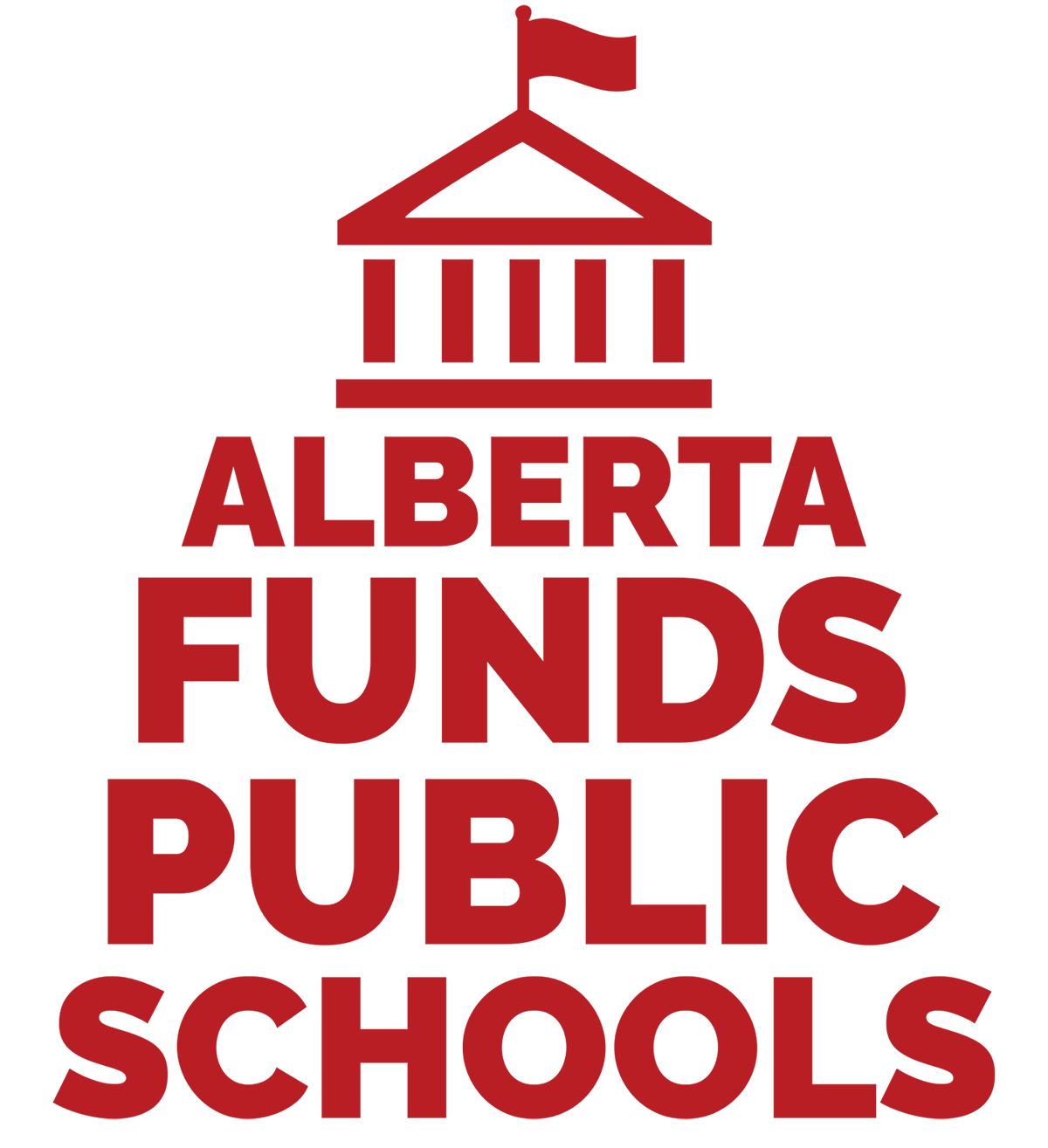 Red graphic with layered horizontal shapes resembling a stylized building or platform, used in a public schools funding campaign