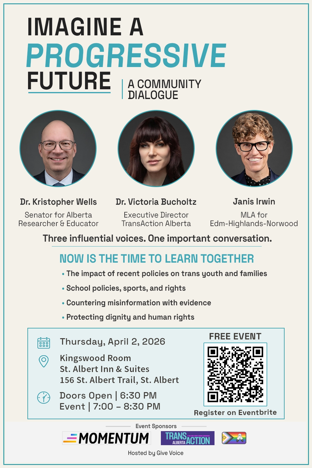 Poster for “Imagine a Progressive Future” community dialogue in St. Albert on April 2, 2026 discussing trans rights, policy impacts, and community inclusion